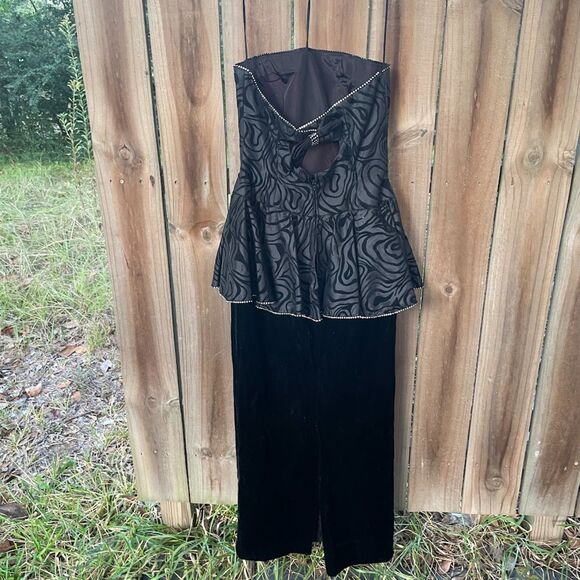 Vintage 80s AJ BARI Strapless Dress PEPLUM Velvet Flocked Taffeta Rhinestones S - Picture 4 of 10